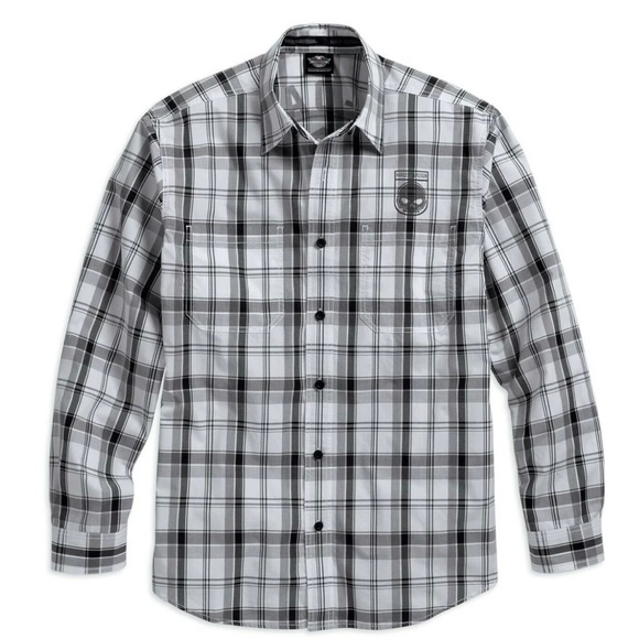 HARLEY-DAVIDSON Skull Shield Plaid Button Down Shirt Black White Gray Graphic - Picture 4 of 16